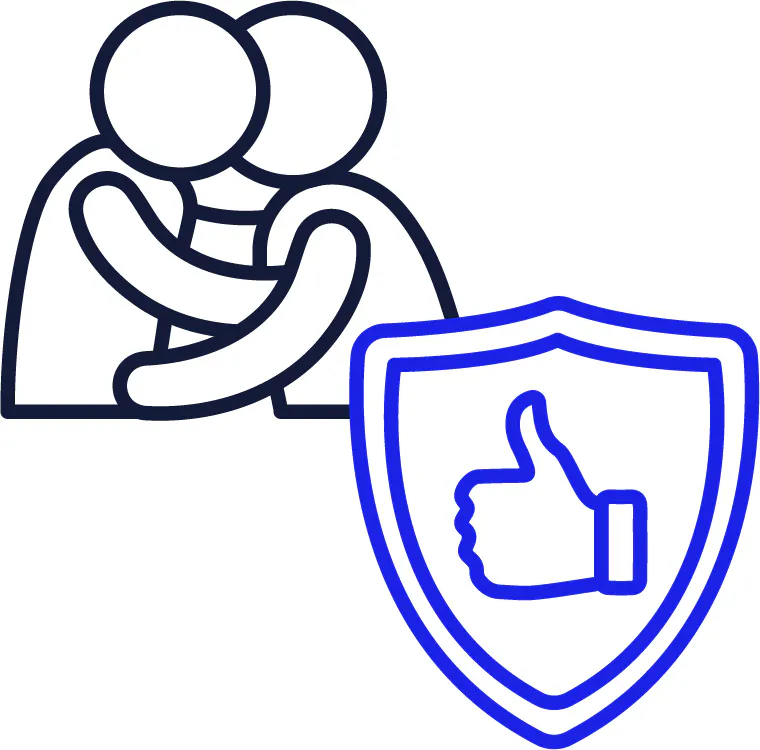 A safety icon and 2 people holding each other and kissing.