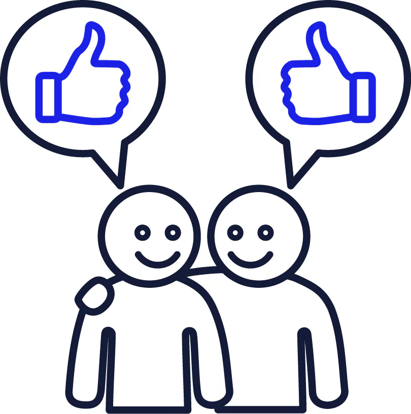 2 people supporting each other. Above each of them is a thumbs up in a speech bubble.