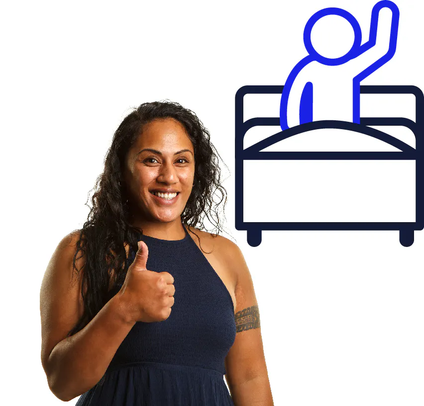 A person giving a thumbs up and a person in a bed.