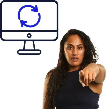 A woman pointing at you next to a symbol for a website changing.