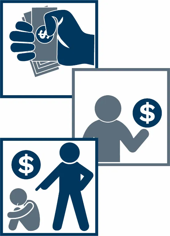 A montage of three icons: a hand holding money , a person sending money and a person standing over another person with a dollar sign next to them