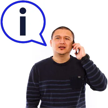 A man talking on the phone. Above him is a speech bubble with an information icon.
