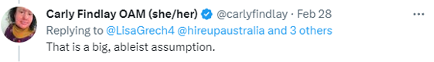 A tweet from Carly Findlay reads: That is a big, ableist assumption.