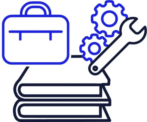 There is a group of three icons. The first icon shows a briefcase, the second shows an icon for problem-solving and the third shows books.