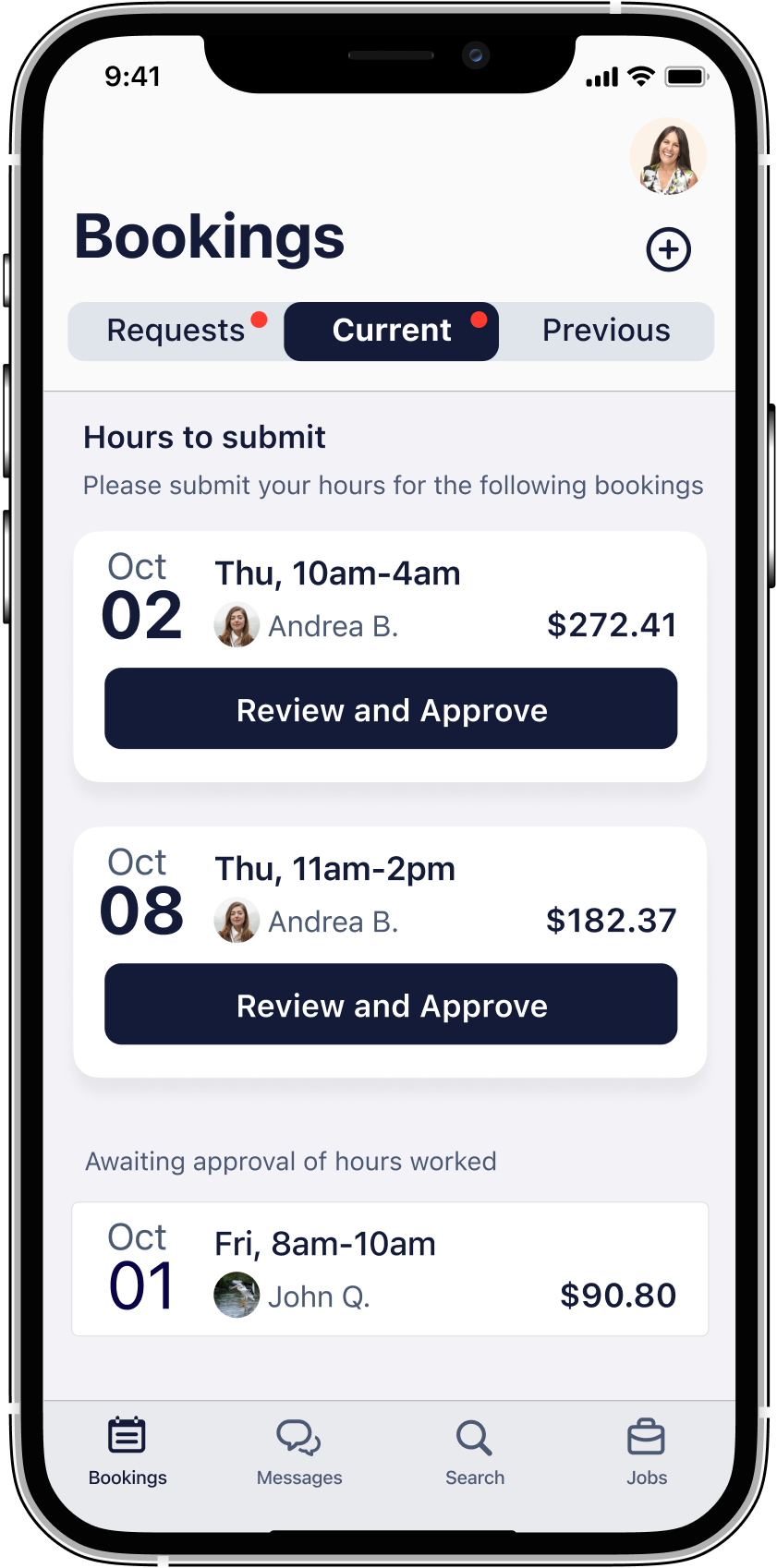 An iPhone showing the Bookings screen of the Hireup app.