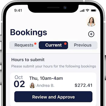 An iPhone showing the Bookings screen of the Hireup app.
