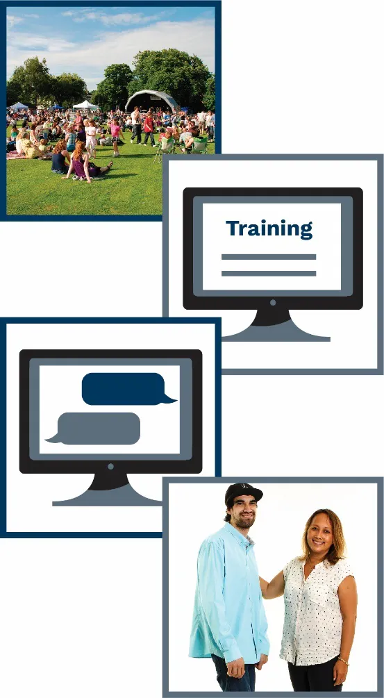 A montage of 4 images- a community event in the park, training on a computer, speech bubbles on a computer and a man and a woman standing together