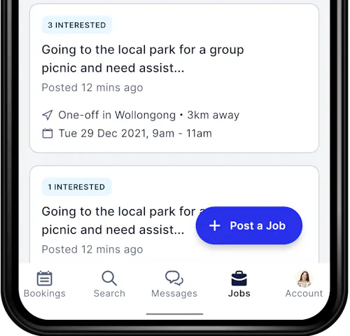 An Android phone showing the jobs screen of the Hireup app.