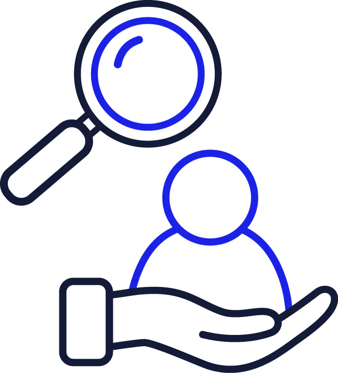 A magnifying glass and a support icon.