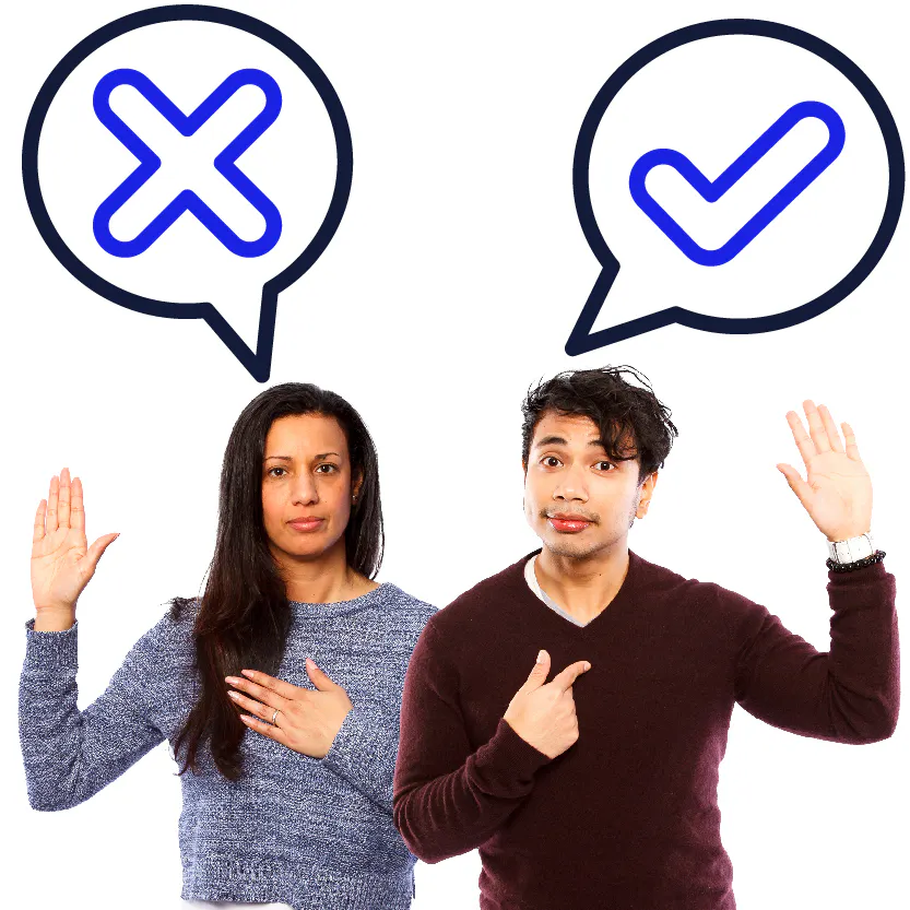 2 support workers pointing at themselves. Above one support worker is a cross in a speech bubble. Above the other is a tick in a speech bubble.