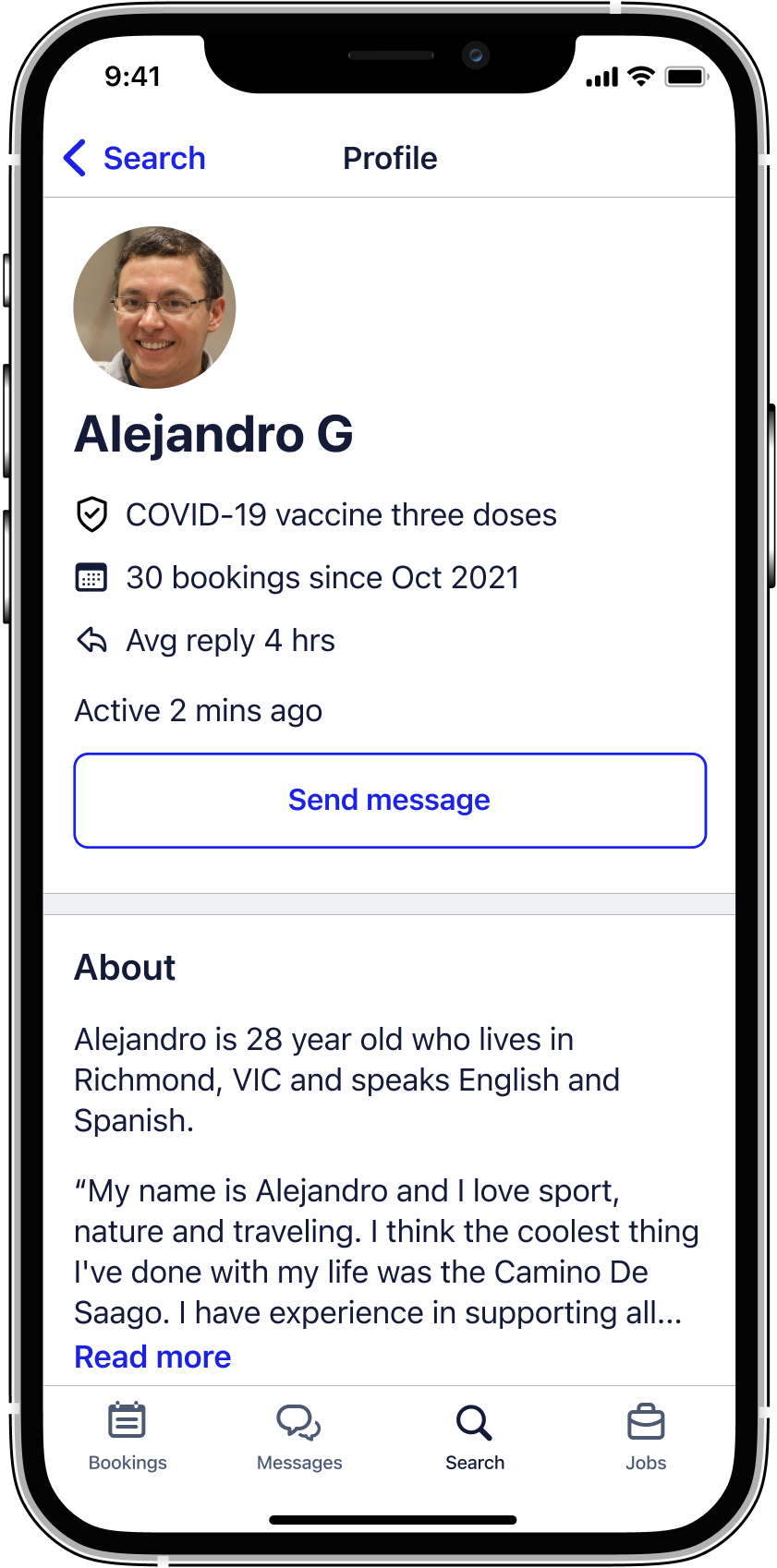 An iPhone showing an example Profile of a support worker on the Hireup app.