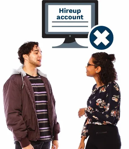 A Hireup account on a computer screen with a cross and a man and a woman talking