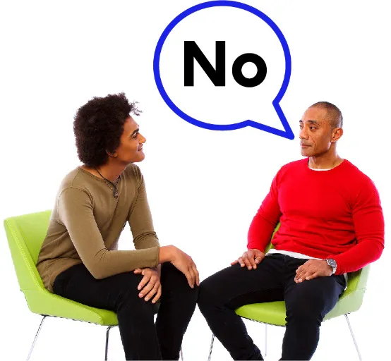 Two men are talking. There is a speech bubble above one with the words No in it.