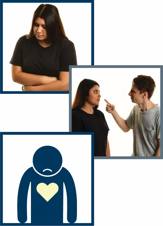 A montage of three images: a woman looking down holding her stomach, a man threatening a woman an d an icon of a person looking sad