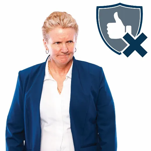 A woman frowning with a safety icon and a cross next to her