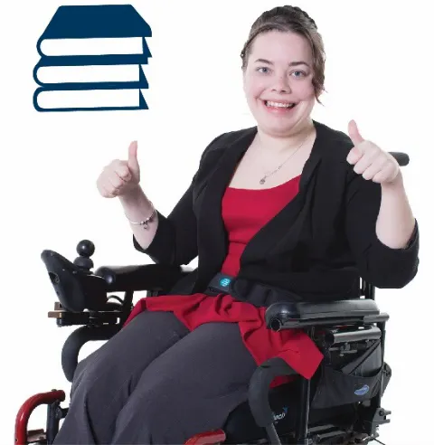 A woman smiling wit thumbs up, There is an icon of books next to her