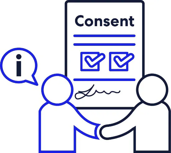 Two people shaking hands in front of a consent form.