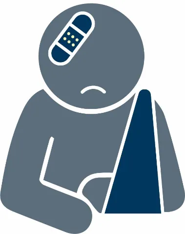 An icon of a person with their arm in a sling and a bandage on their head