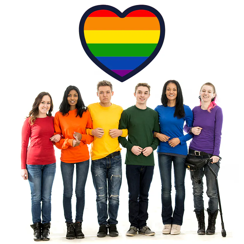 A rainbow heart above a group of people. Each person is wearing a shirt that is a different colour of the rainbow.