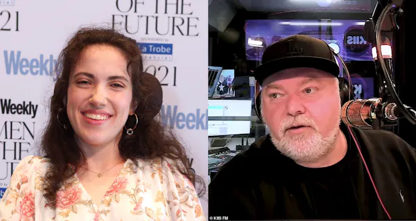 A split image features Hannah Diviney on one side and Kyle Sandilands on the other.