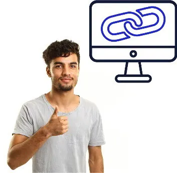 A man with thumbs up next to a link on a computer screen.