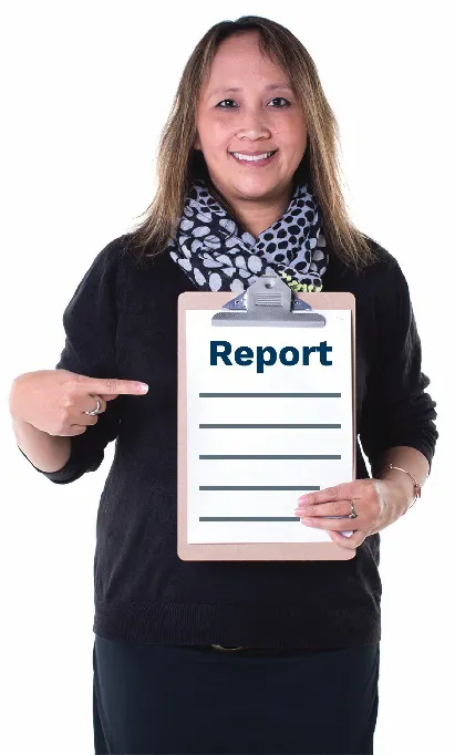 A woman holding a report document
