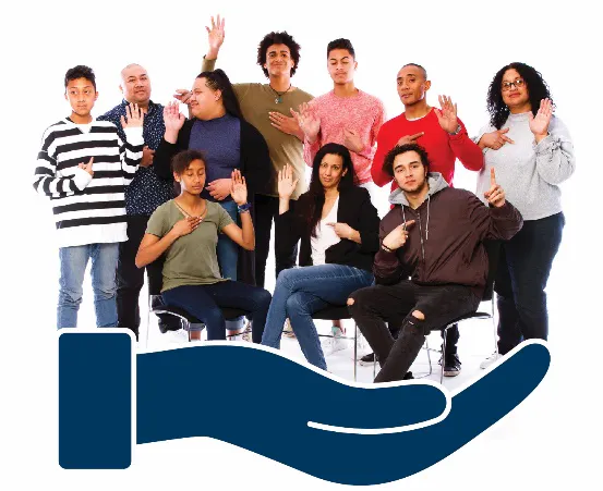 A group of people waving. There is a support icon below them