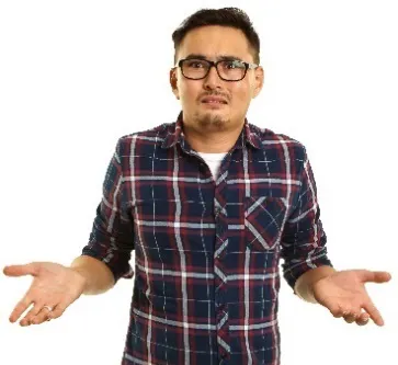 A man looks confused and shrugs his shoulders.