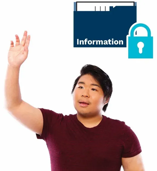 Information folder icon with a lock.  A man raising his hand to say something  