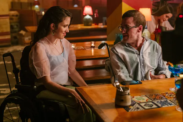 Hannah Diviney and Angus Thompson on the set of SBS show Latecomers.