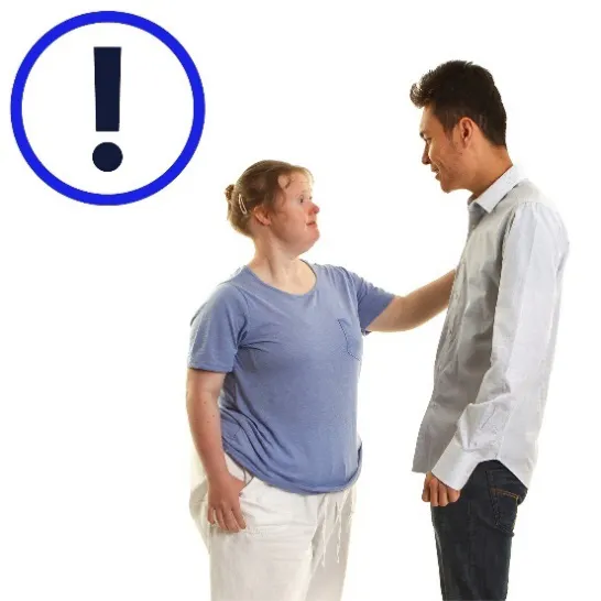 A woman and a man talking. There is an icon that means important next to them.