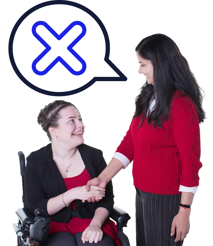 A person and a support worker smiling and shaking hands. Above the support worker is a cross in a speech bubble.