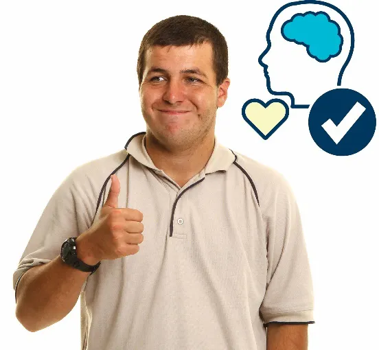 A man smiling with thumbs up. There is an icon of a brain, a heart and tick next to him