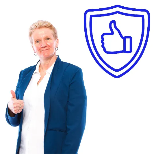 A woman is smiling and giving a thumbs up. There is a safety icon above her.