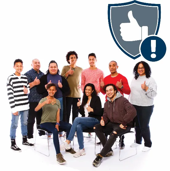 A group of people with a safety icon and an exclamation mark next to them
