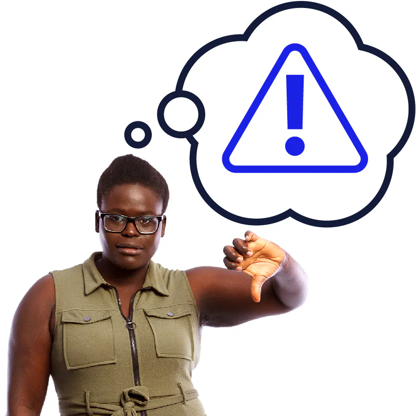 A support worker giving a thumbs down. Above them is an emergency icon in a thought bubble.