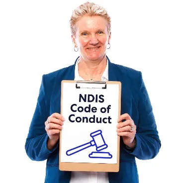 A woman holding a clipboard. On the clipboard it says NDIS Code of Conduct.