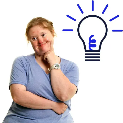 A woman thinking. There is a lightbulb icon next to her.