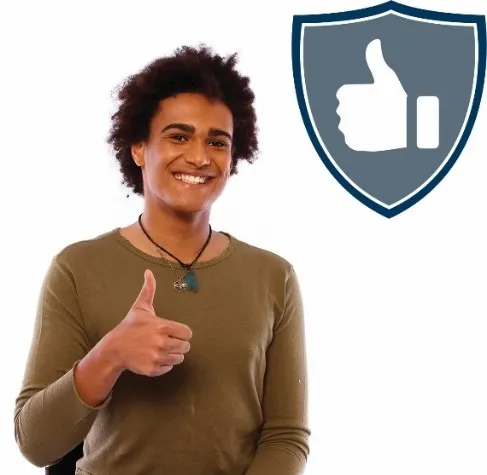 A man smiling with thumbs up, with a safety icon next to him