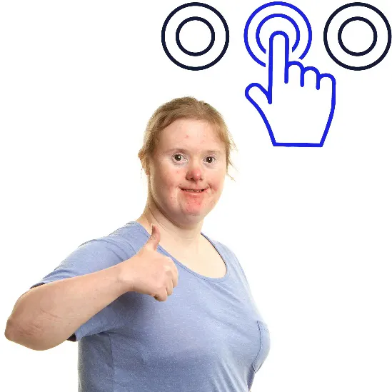 A woman with her thumbs up. Above her are three buttons. An icon of a hand is choosing the middle button.