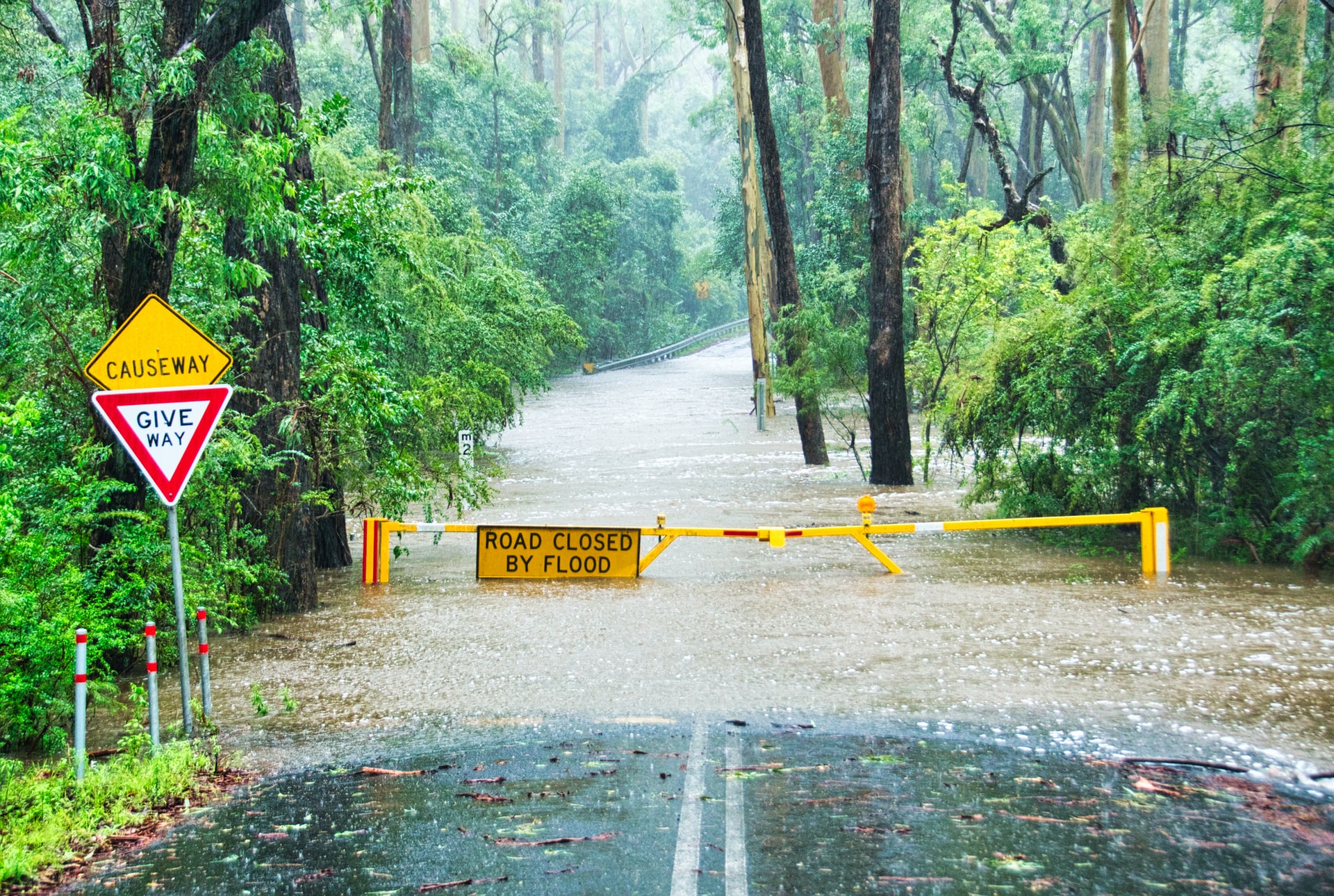 Image shows: flooded road with "road closed by flood sign" across it