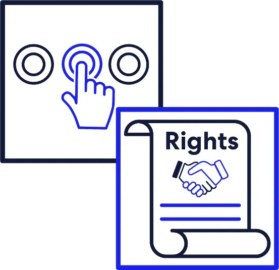 There is a montage of two images. The first image shows a hand pointing to one button in a group of three buttons. The second image is a document with shaking hands and the words Rights on it.