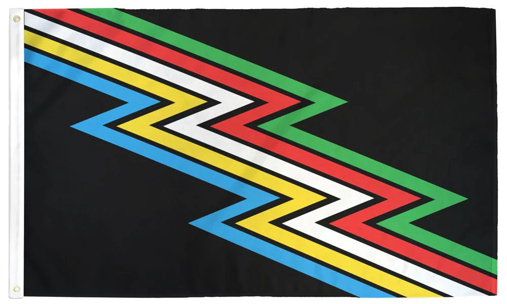 A flag with a diagonal lightning bolt design on a black background. The zigzag pattern includes the colours blue, yellow, white, red and green stacked on top of one another.