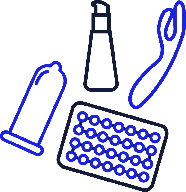 4 icons. A condom, a packet of pills, a bottle of lubricant and a vibrator.