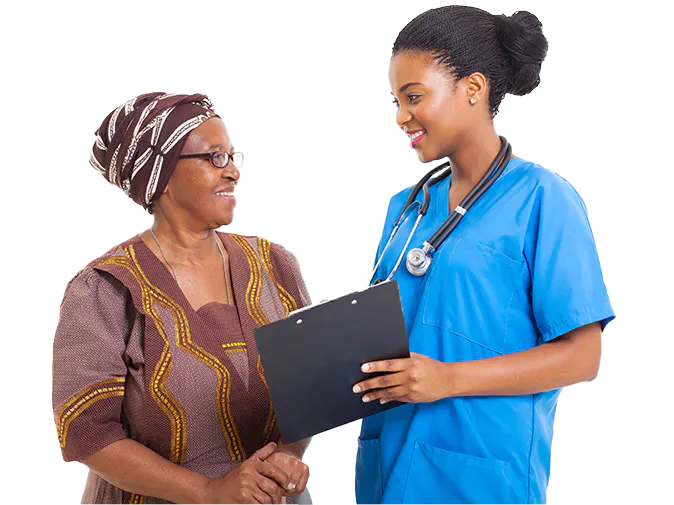 A person and a health worker having a conversation.