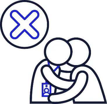 A support worker and a person kissing and holding each other. Above them is a cross.