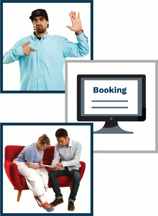 A montage of three images: a man with one hand raised and the other pointing to himself, a booking on a computer screen, and a man and a woman sitting down together looking at a document