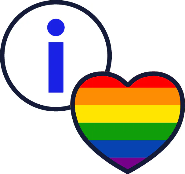 An information icon and a rainbow heart.