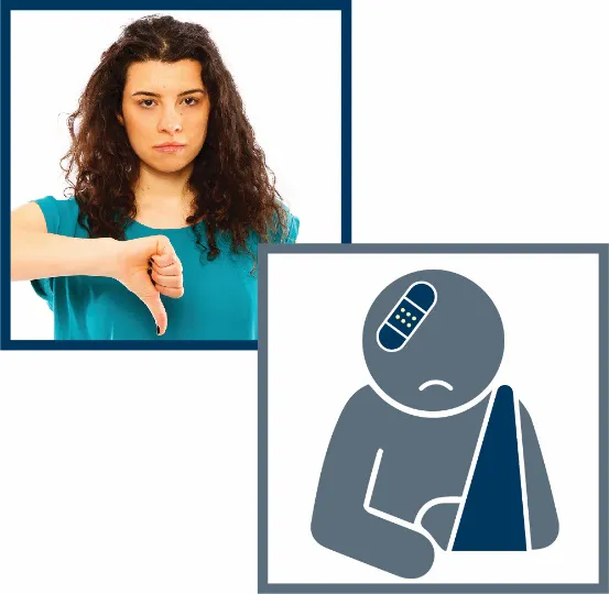 A montage of 2 images - a woman frowning with thumbs down and an icon of a person with their arms in a sling and a bandage on their head.