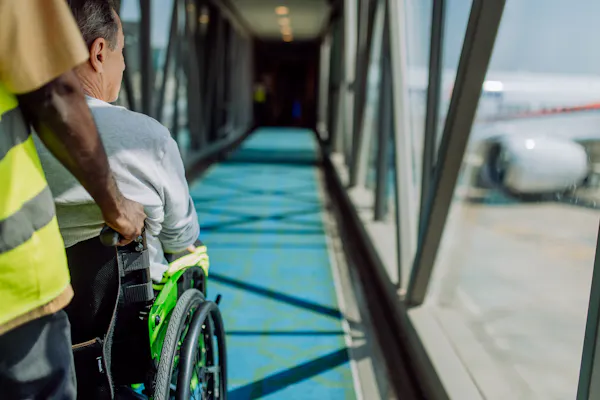 A man in a wheelchair is assisted down an air bridge toward a plane.